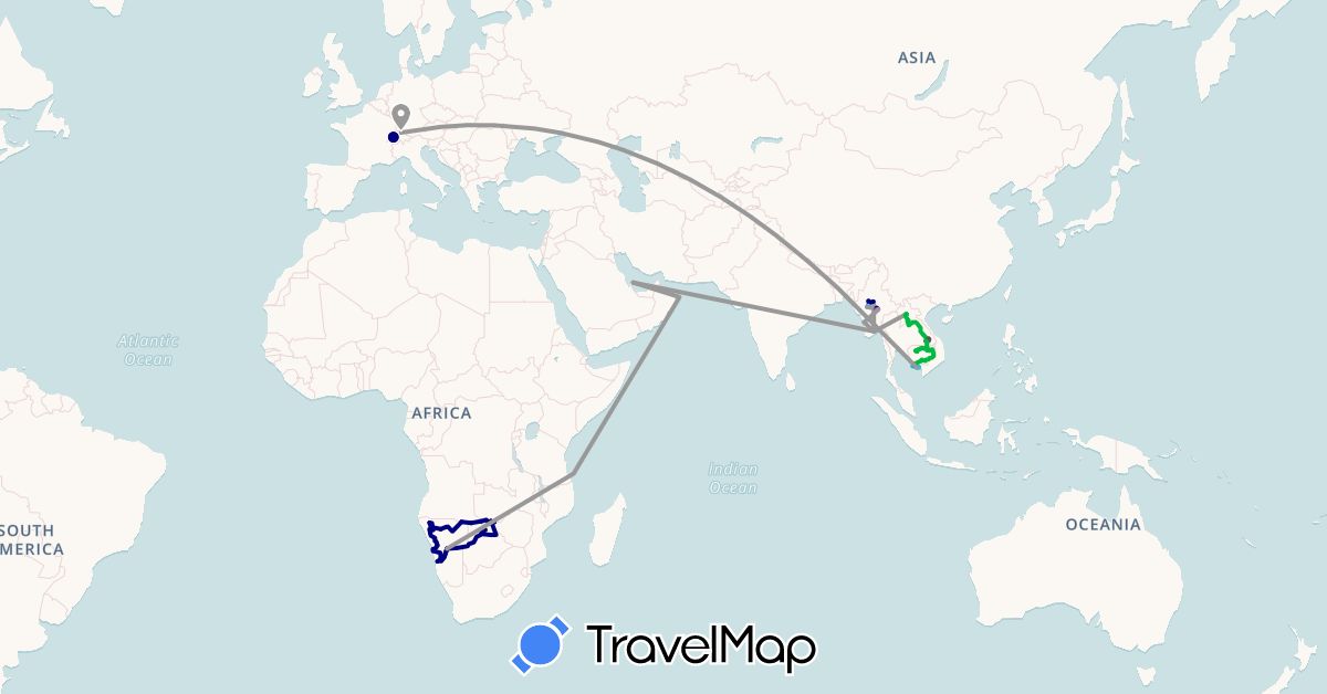 TravelMap itinerary: driving, bus, plane, train, hiking, boat, motorbike in Botswana, Switzerland, Cambodia, Laos, Myanmar (Burma), Namibia, Qatar, Thailand, Vietnam, Zimbabwe (Africa, Asia, Europe)